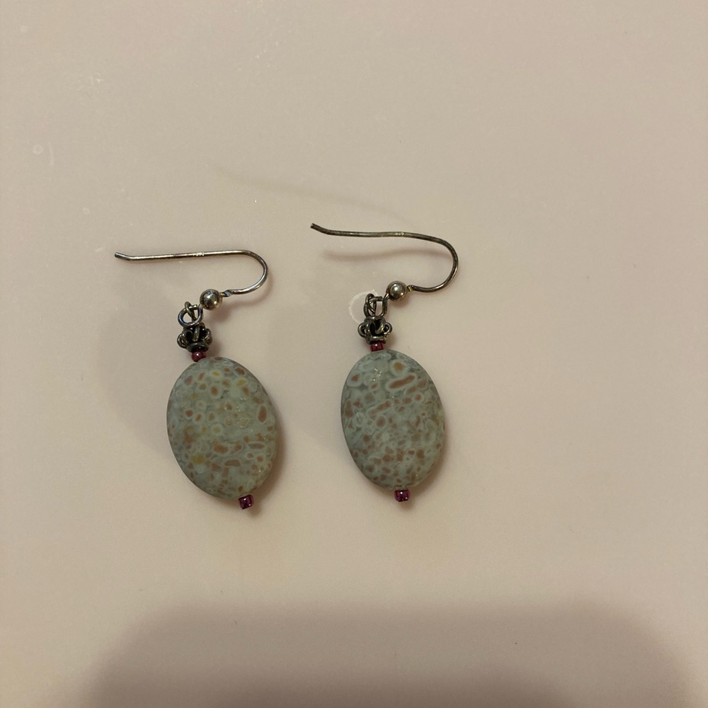 Oval Stone Earrings with Dark Metal Hooks